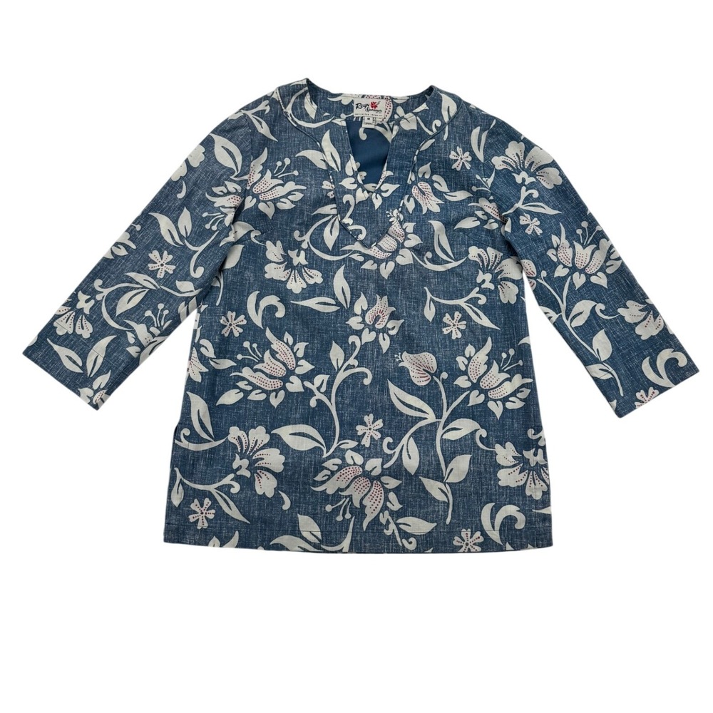 Reyn Spooner Floral Tunic Top Womens Medium Blue Excellent Limited Issue Split V